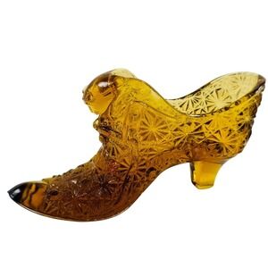 Vintage Fenton Amber Glass Slipper Figurine Daisy Button Pattern Cat Head